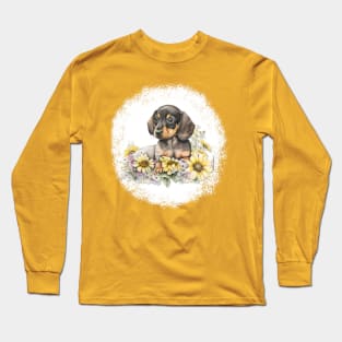 Dachshund Puppy Laying In Flowers Long Sleeve T-Shirt